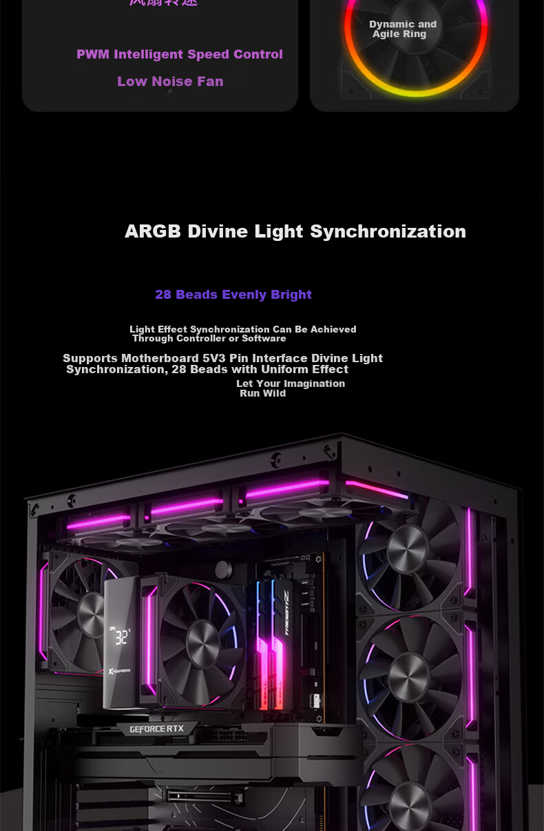 PowerTrain Unknown Player Glider A12 Case Fan, 12CM Desktop Computer ARGB Synchronized Lighting, CPU Cooling Fan, Four-Sided Ring Light Effect, PWM Speed Control, White Anti-Rotor 4