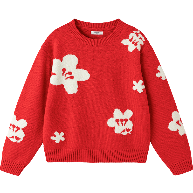 Balabala Kids Red Sweater Girls Round Neck Drop Shoulder Jacquard Knit New Year Greeting Pullover