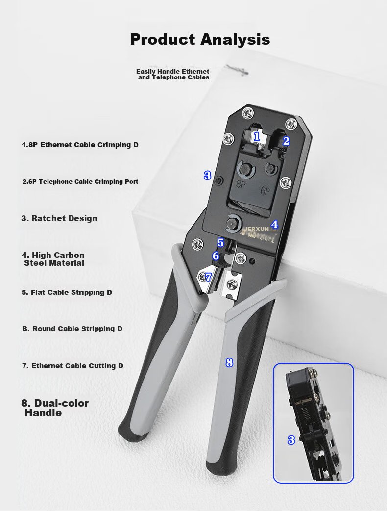 JERXUN Network Cable Crimper, Telephone RJ45 Crimping Tool, Ratchet Wire Crimping Pliers, 6P8P Multifunctional Dual-Purpose Wire Cutter, Labor-Saving Wire Stripper Pliers 2