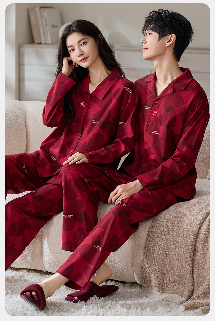 Ordifen Wedding Pajamas Spring Autumn 100% Cotton Couple New Marriage Red Homewear Set L 3