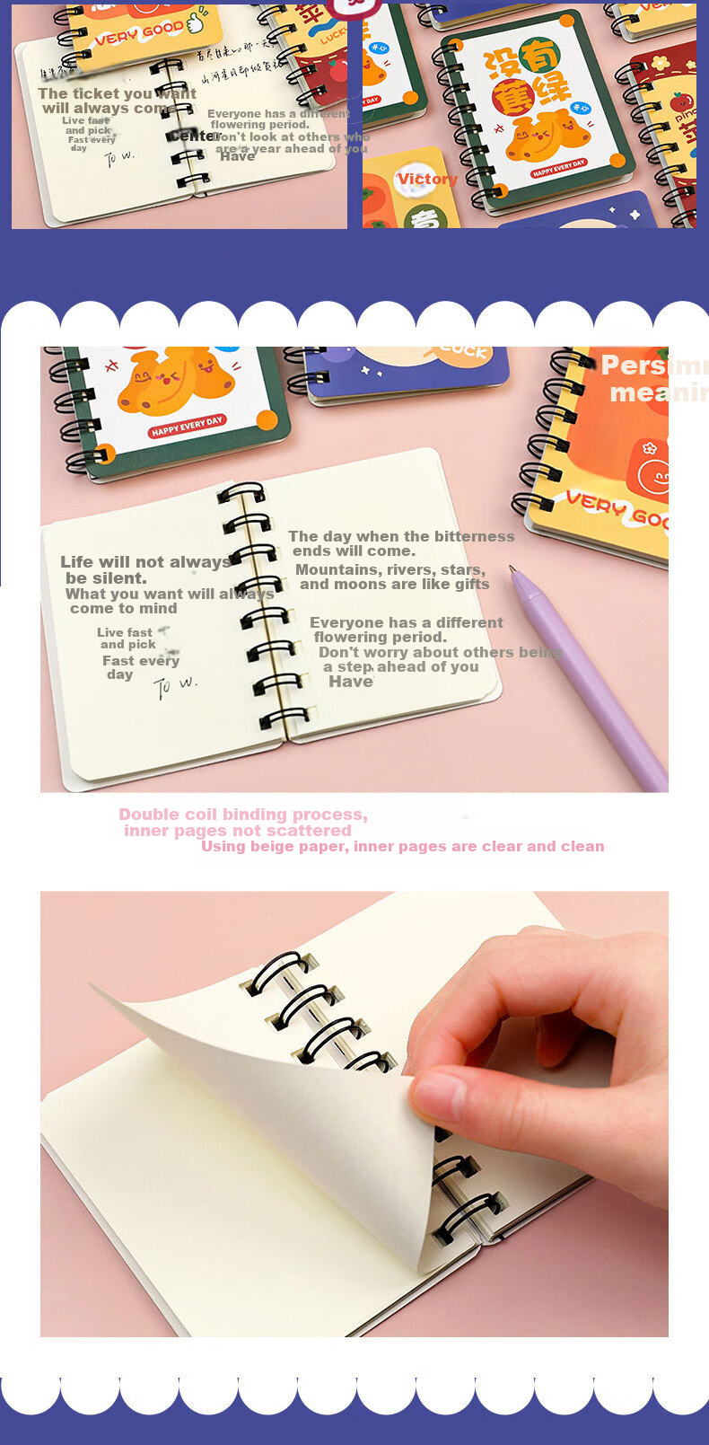 Shiluode Kapibala Notebook A7, Portable, Mid-Autumn Festival Gift, Exam Prize for Students, Mini Journal, Spiral-Bound Notebook, Vocabulary Book, 4 Notebooks in Total, 320 Sheets 3