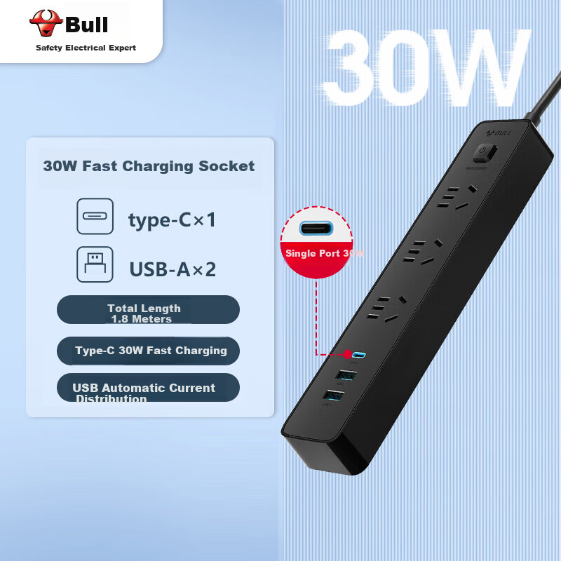 BULL 30000mAh PD Apple Fast Charging Power Strip/Extension Cord/Surge Protector/Desktop Charging Station, Type-C+USB+3 Outlets, Total Length 1.8 Meters, Black, GNV-UU4303H Master Control