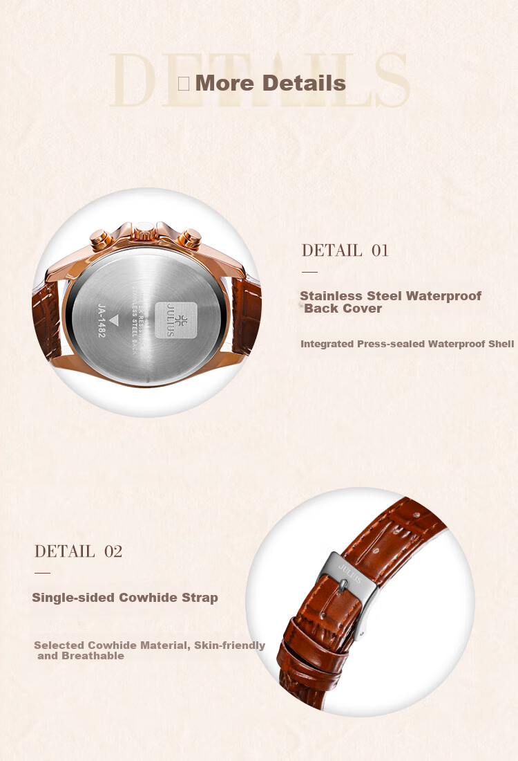 Julius Women's Watch with Calendar, Multifunctional Elegant Diamond-Studded Quartz Watch, Waterproof Ladies' Wristwatch, Brown JA-1482C 12
