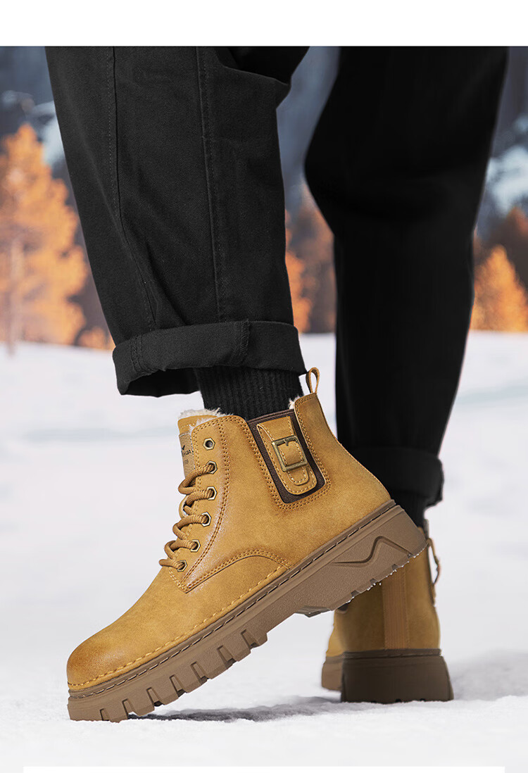 Bull Family Martin Boots Men 2026 Winter New Versatile Yellow Boots Fleece Lined Warm Snow Boots Men's Outdoor Hiking Shoes 57