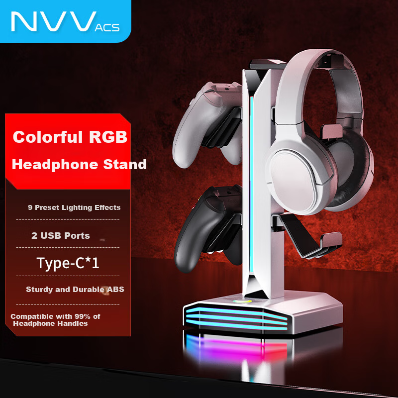 NVV Earphone Handle Stand Two-In RGB Lighting USB Expansion Compatible with PS5/XBOX/Switch Game Controller Storage Stand ROG Headphone Hanger MZ-8006