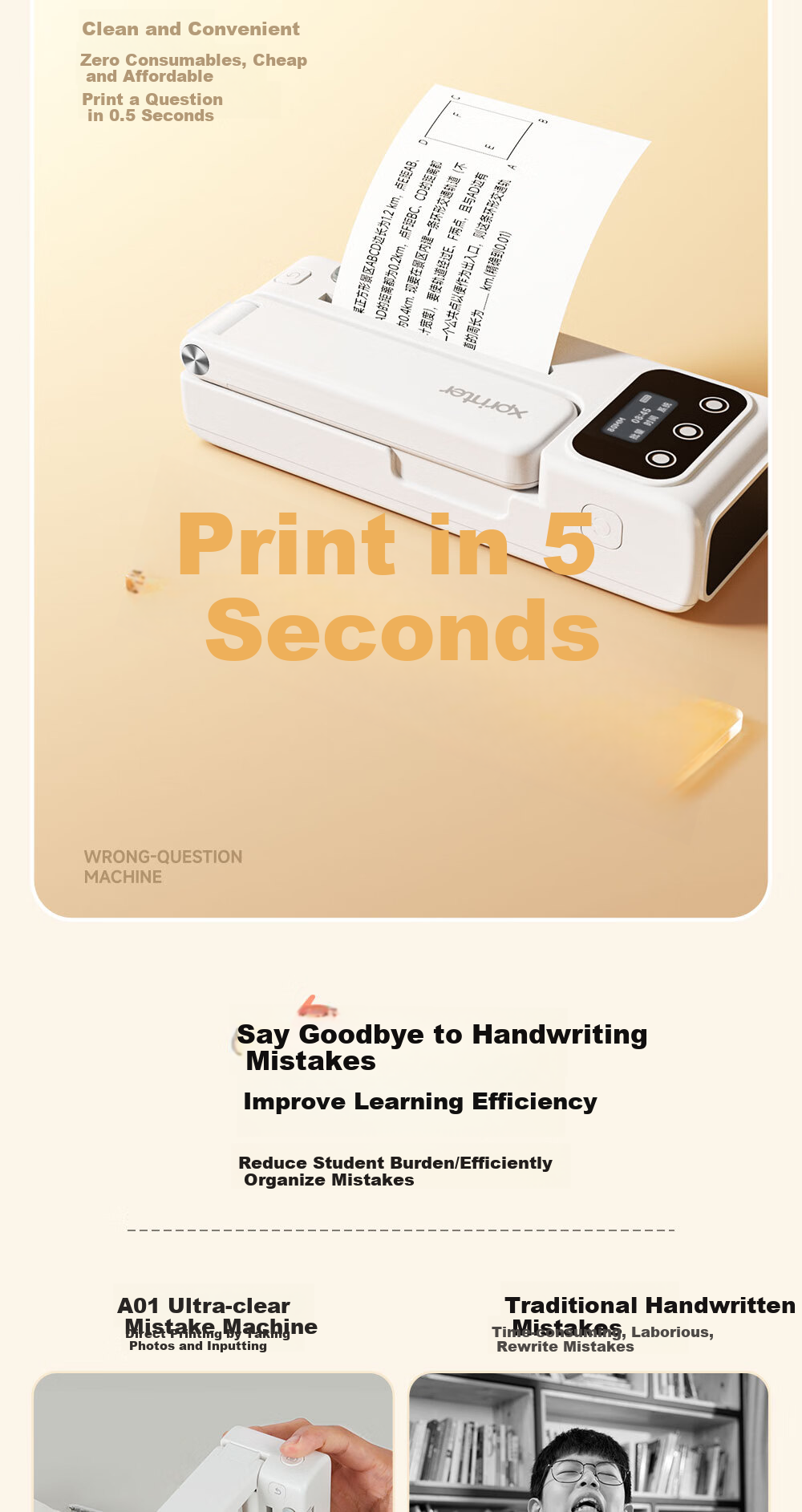 Xinyezhihuishenghuo A01 Error Correction Machine Ai Printer, No Phone Required for Middle And High School Students, Instant Printing, No Internet Needed, Erasable Ink, Pasteable Homework Organizer, Portable Home Use 11