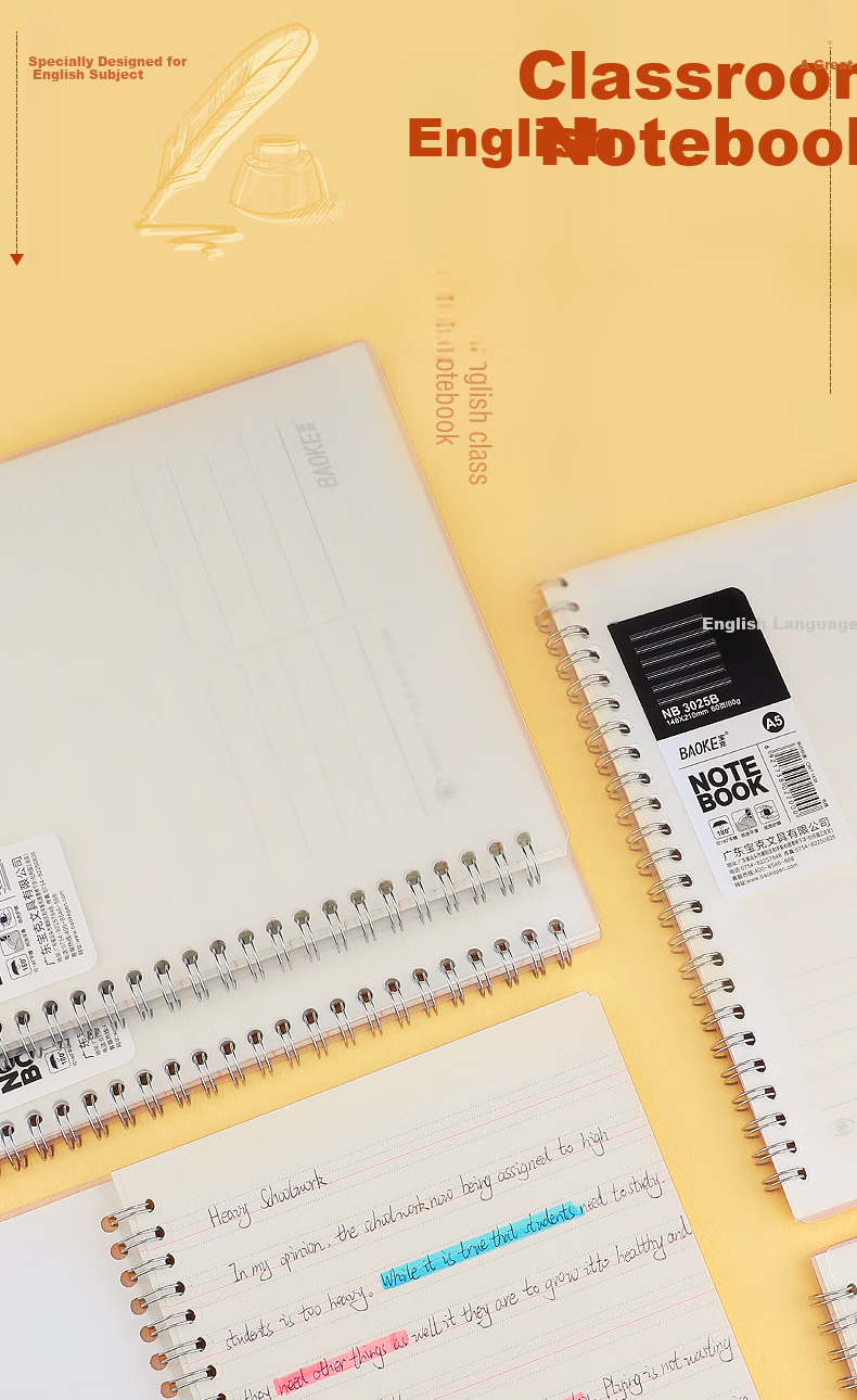 BAOKE NB3018B B5/60-Page Spiral Notebook, English Notebook for Middle And High School Students, Homework Book, Single Pack 1