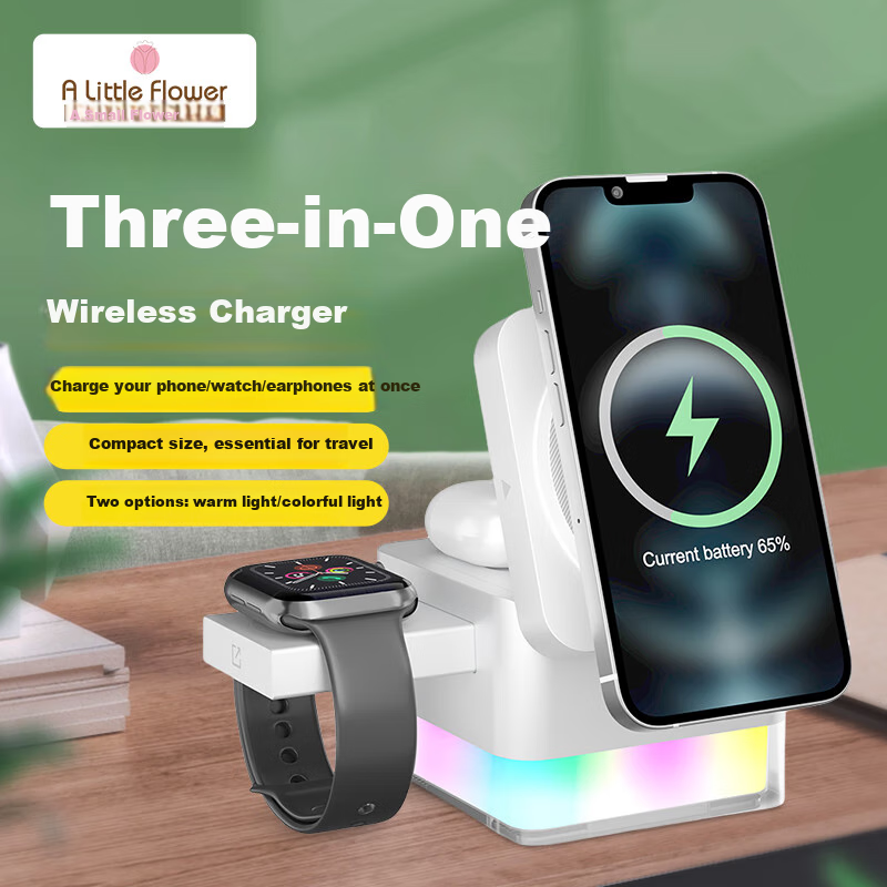 ALittleFlower Compatible with Apple Wireless Charger, Three-In MagSafe Magnetic Mini Fast Charging, for IPhone 16 Pro Max, AirPods Earphones, IWatch, And Ambient Light