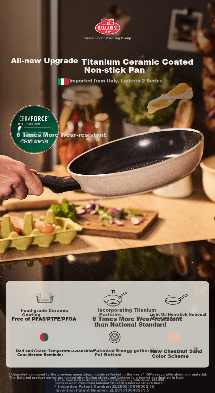 BALLARINI Non-Stick Pan with Titanium Ceramic Coating, Flat Bottom Pan for Induction Cooker, 24CM Laidro Series 1