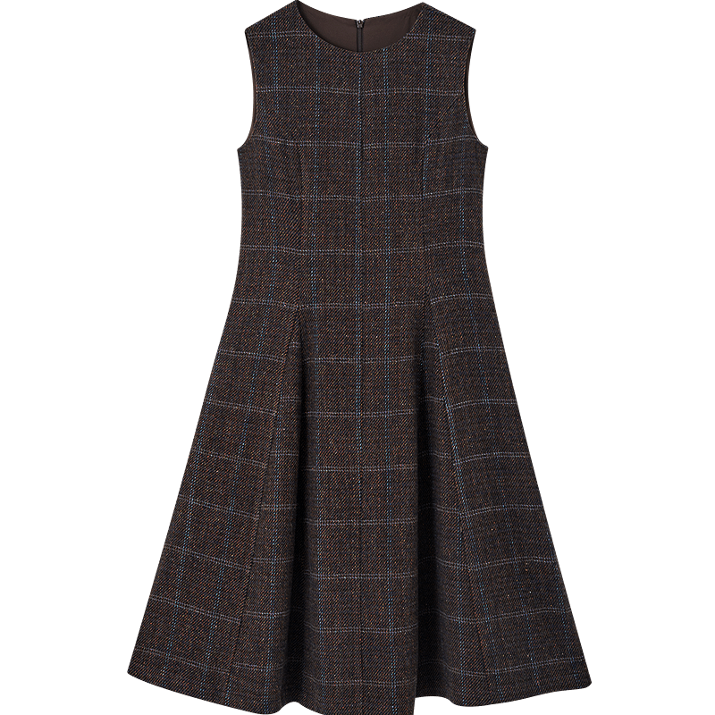 Demana Winter Vintage Elegant Round Neck Plaid Collar Sleeveless Wool Blend Waist-Defined Dress for Women