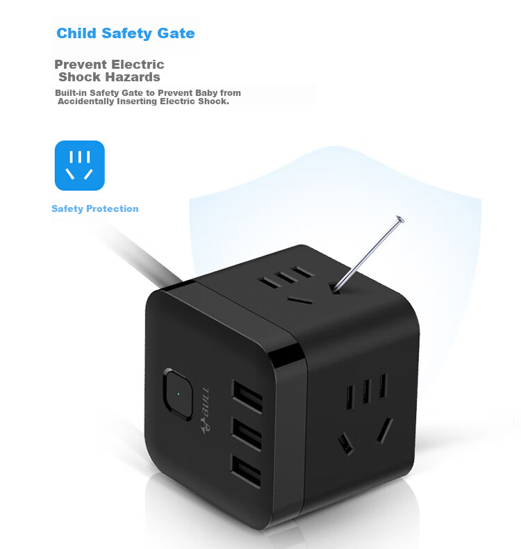 BULL Cube USB Power Strip/Extension Cord/Power Bar/Outlet Strip 3 USB Ports + 3 Sockets, 3 Meters Long, Black, GN-U303H Master Switch 5