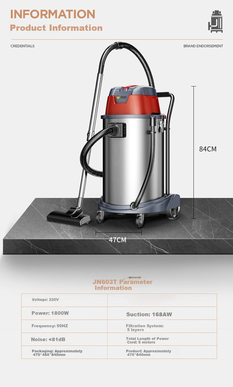 Jienuo 1800W High-Power Dry, Wet And Blowing Three-In Barrel Vacuum Cleaner with Strong Suction for Commercial, Industrial, Hotel, Carpet, Renovation And Car Wash JN-603T 14