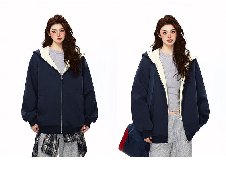 Foss Phil Men's Autumn Winter American Style Hoodie Double Zipper Colorblock Couple Zip-up Jacket 5Q1083 Black XL 9