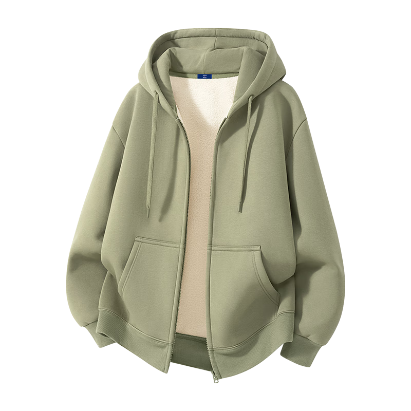 GENIOLAMODE Semir Group Men's Fleece Hoodie Zip-up Winter Lamb Wool Thickened Jacket Gray Green 2XL