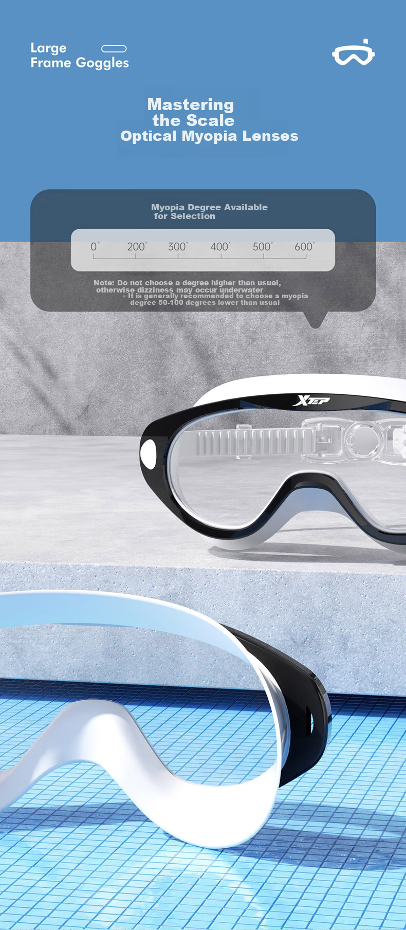 XTEP Adult Swimming Goggles for Men And Women, High Definition Anti-Fog Waterproof Large Frame Professional Diving Swimming Glasses, Black 5
