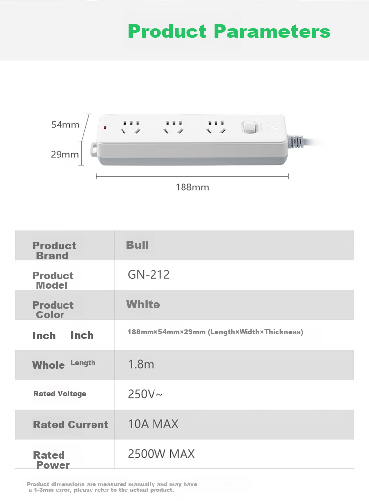 BULL Power Strip / Extension Cord / Surge Protector / Multi-Outlet Strip / Power Bar / Cable Reel, 6 Outlets with Individual Switches, 1.8 Meters Long, GN-317 4
