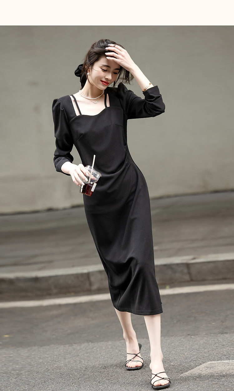 Demana Pure Desire Strap Design Spring Autumn French Style Square V Neck Waist Slimming Little Black Dress Knitted Twisted Linen Dress for Women 9