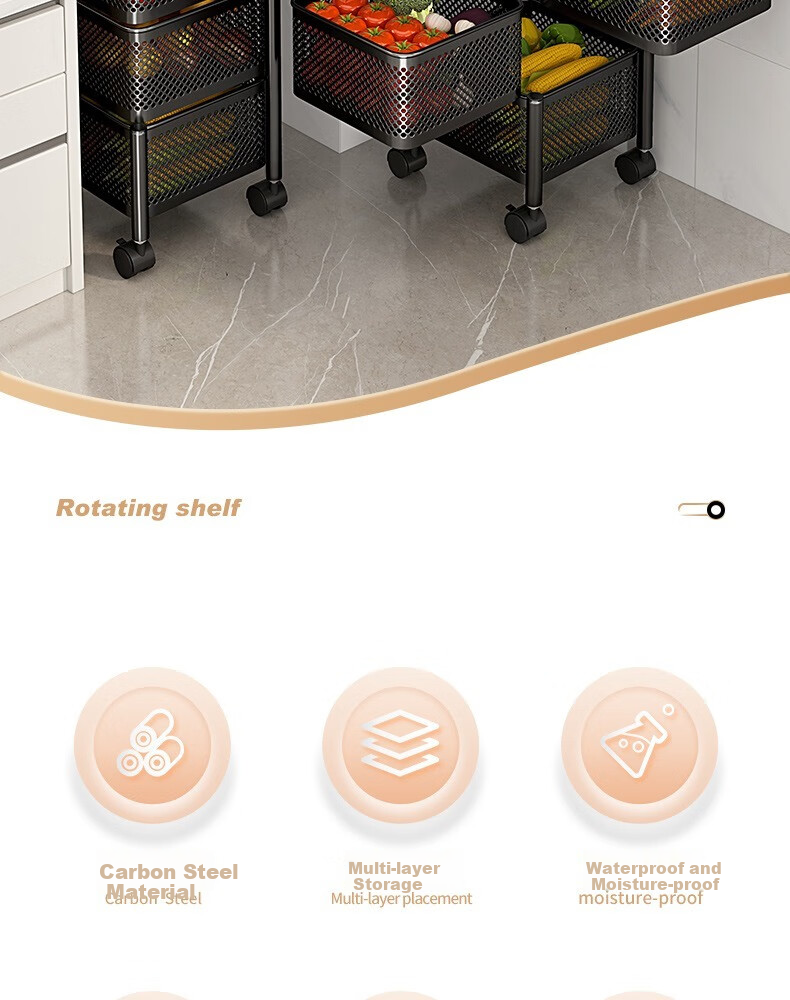 Yicainianhua Kitchen Storage Rack, Floor-Standing Vegetable Basket, Rotating Shelf, Vegetable Organizer, Living Room Storage Movable Cart, 1118-WH 2