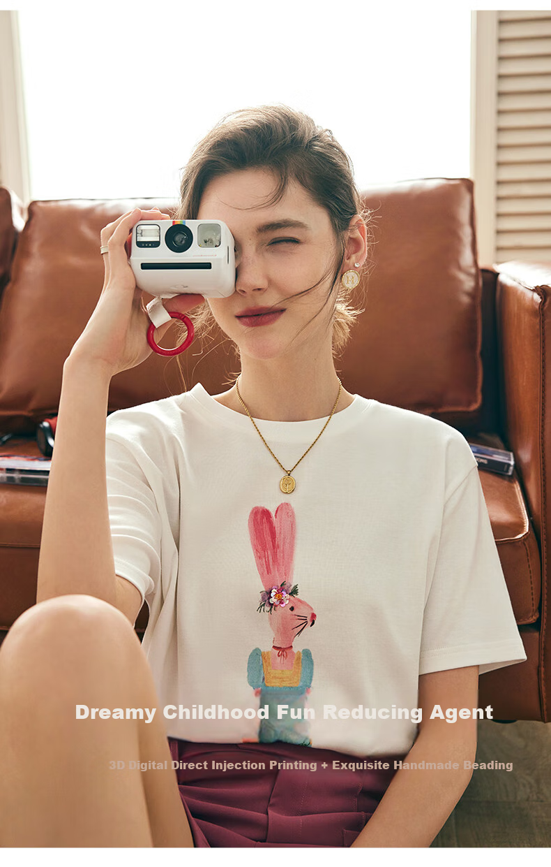 Olrain Fun Printed Short-Sleeve T-Shirt, Summer Women's Loose-Fit Beaded Top, Cotton-Like Breathable, Off-White, Size S 2