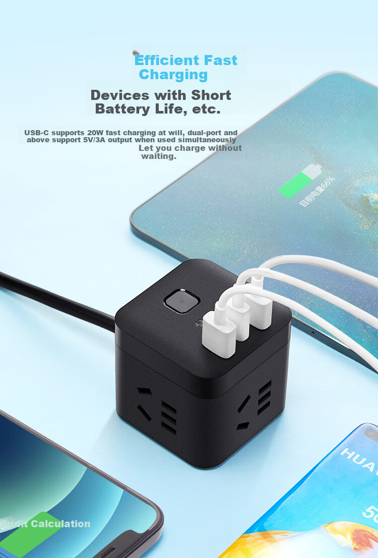 BULL 20W PD Apple Fast Charging Cube Power Strip/Extension Cord/Surge Protector/Desktop Charging Station, Type-C+USB+3 Outlets, 3 Meters Long, Black, GNV-UU2203H, Master Switch 3
