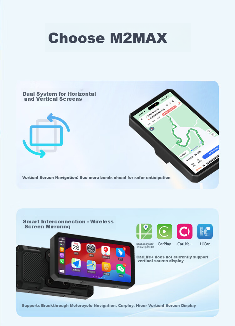 Tupozhe M2S-201 Motorcycle Dash Cam with Horizontal And Vertical Screens, Smart Car System, Carplay Navigation, Wireless Phone Screen Mirroring, Dual Cameras, Loop Recording 3