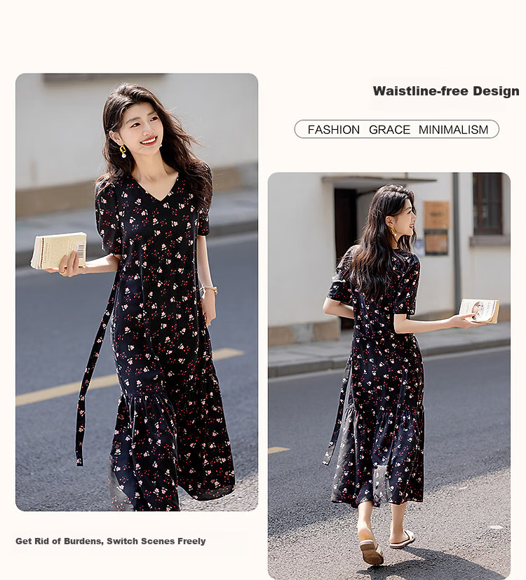 Dme [Jiweini Garden] Summer Sweet Style Round Neck Floral Print Waistless A-Line Dress for Petite Wome 4