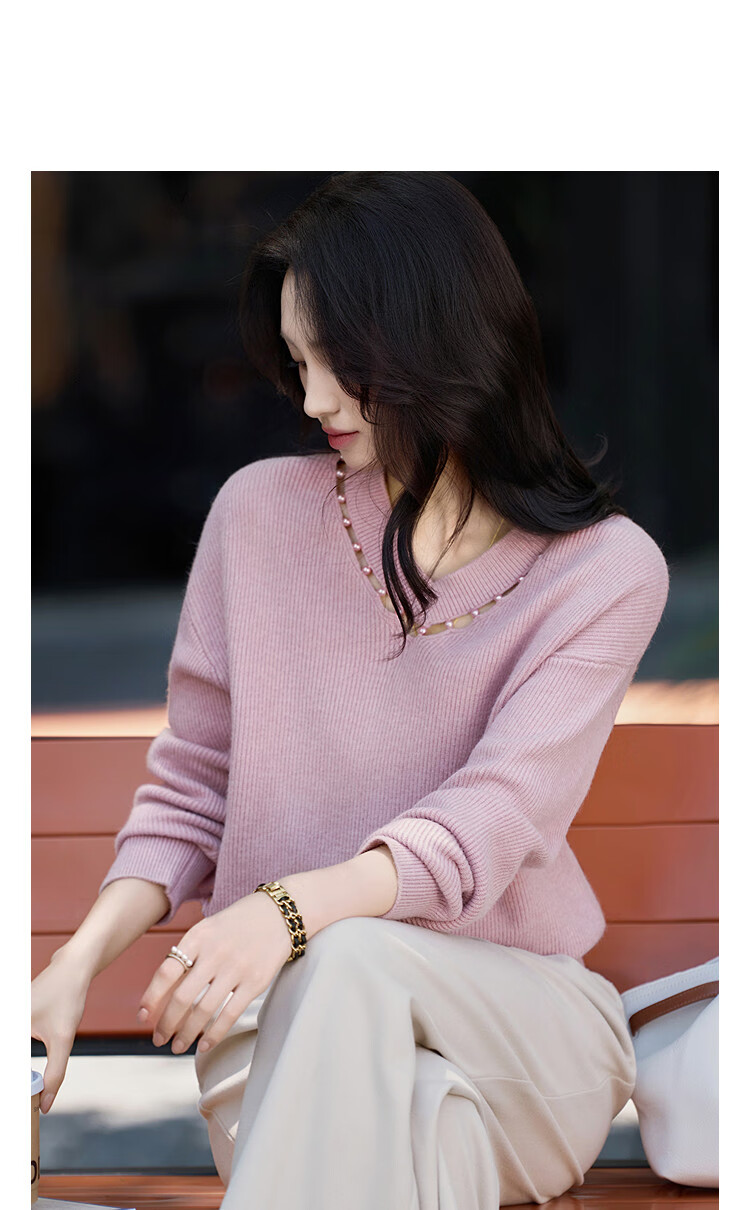 Demana [Lightwear Collection] Autumn Lady Style V-Neck Hollow Pearl Thread Drop Shoulder Slim Knit Sweater for Women 2