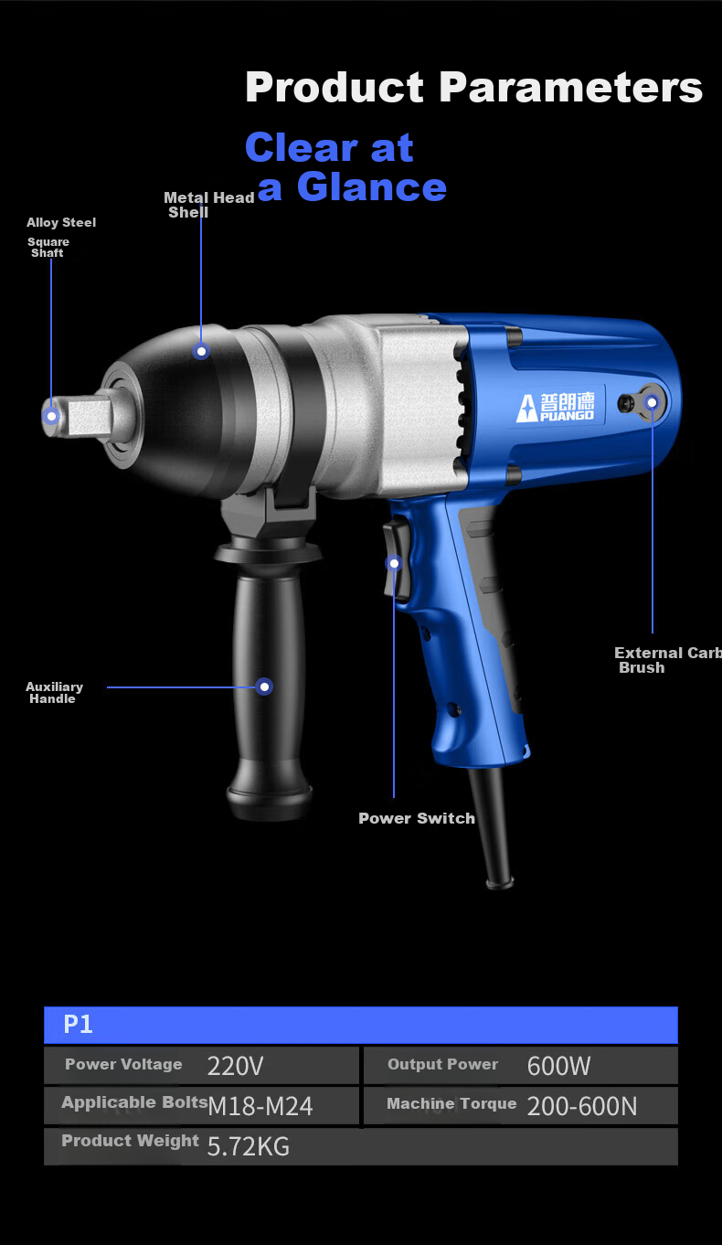 PUANGD Electric Wrench, High Torque, 220V, High Power, Household Electric Impact Wrench, Heavy-Duty Wrench, Railway And Auto Repair Electric Tool 5