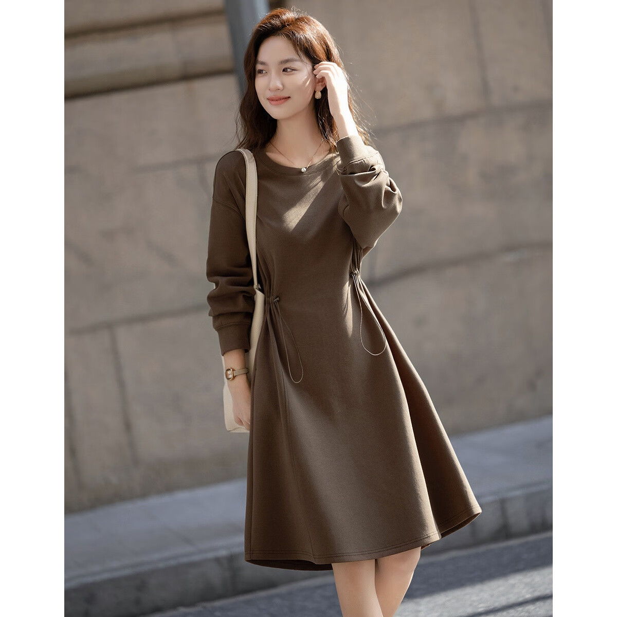 Demana [280G Air Layer] Autumn Korean Style Crew Neck Adjustable Waist Loose Sweatshirt Dress for Women