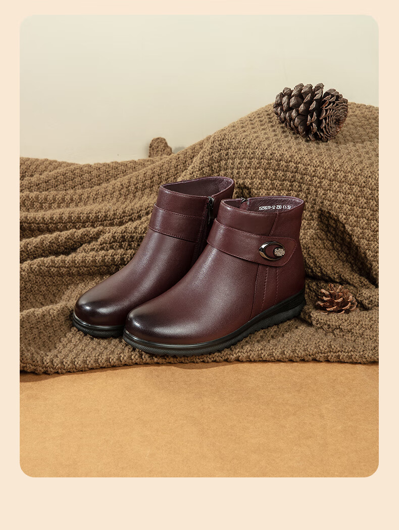 Kangnai Women's Winter Thick Plush Warm Cotton Boots Non-slip Middle-aged and Elderly Mom Leather Short Boots New Black 38 4