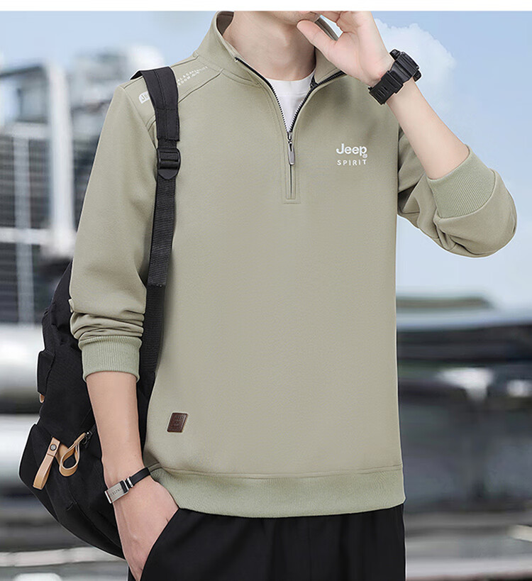 JEEP SPIRIT Men's Autumn Winter Stand Collar Pullover Zipper Base Layer Sweatshirt 2588 Khaki [Fleece Lined] L 10