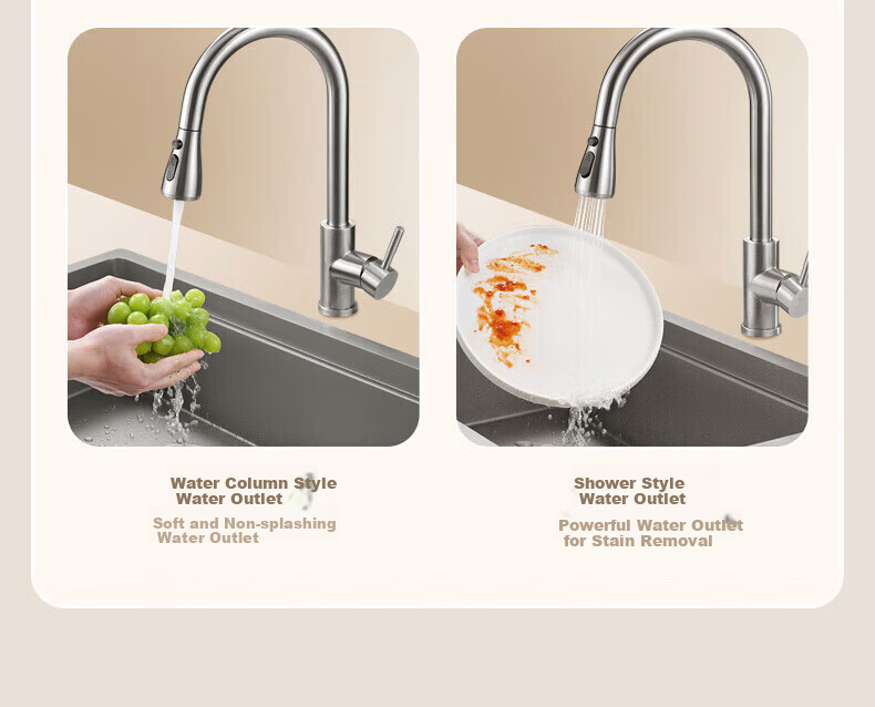OULIN Kitchen Sink, Large Single Basin Vegetable Washing Sink, Integrated Basin, No Coating, SUS304 Stainless Steel Sink, Pull-Out Faucet, 661 9