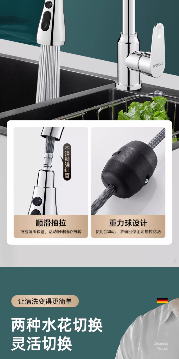 IVORPO [Germany] All-Copper Kitchen Pull-Out Faucet Hot and Cold Two-in-One Rotatable Sink Stretchable Swivel Faucet 2