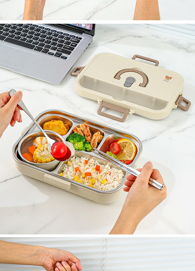 WORTHBUY 316 Stainless Steel Insulated Lunch Box Kids Cartoon Portable Compartmentalized Bento Box Tableware Set Cheese Yellow 5 Compartments + Bag 2
