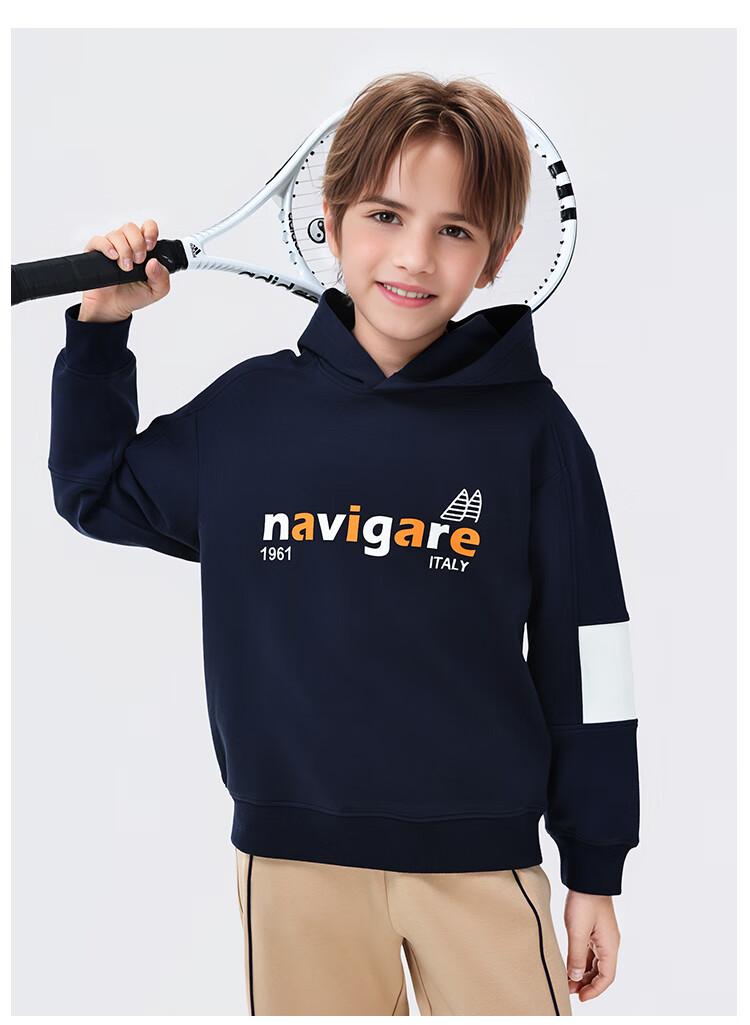 Navigare Boys' Hoodie Spring Children's Hooded Sweatshirt Student Casual Fashion Sailboat Letter Navy Blue 165 13