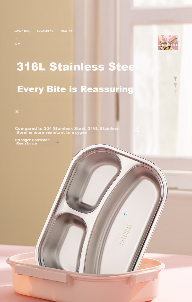 Guangyi 316 Stainless Steel Lunch Box for Elementary School Students And Office Workers, 3-Compartment Bento Box with Utensils And Soup Bowl + Bag GY7406 2