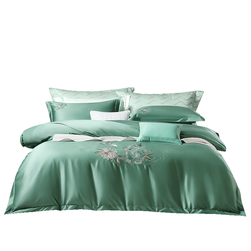 Fuanna Bedding Set 4-Piece 140S Double-Strand Long-Staple Cotton Sateen 100% Cotton Sheet Duvet Cover King Size 230x229cm Jade Flower