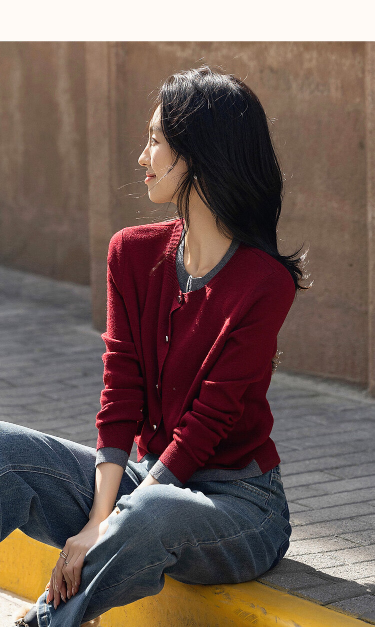 Dme [Quiet Luxury Inspired Wardrobe] Spring and Autumn Design Fake Two-Piece Color-Block Knit Sweater with Decorative Buckle for Women 39