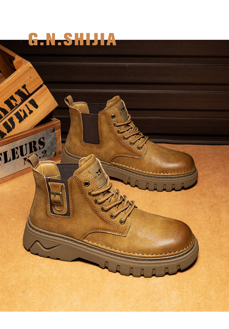 Bull Family Martin Boots Men 2026 Winter New Versatile Yellow Boots Fleece Lined Warm Snow Boots Men's Outdoor Hiking Shoes 27