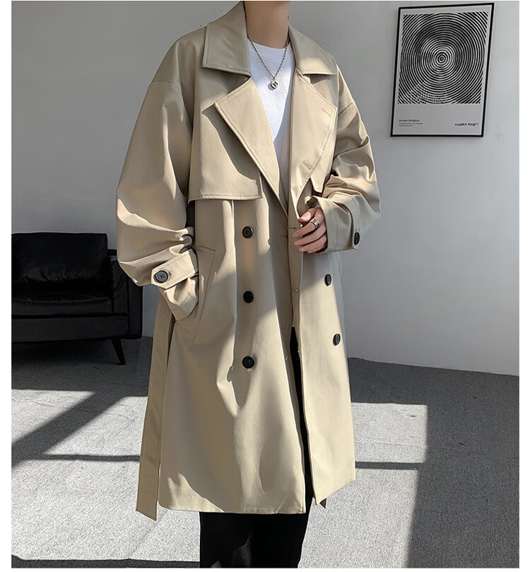 NASA GOOD Men's Mid-Length Trench Coat Autumn Winter Cold-Resistant Warm Loose Casual Double-Breasted Belted Jacket Black L 8