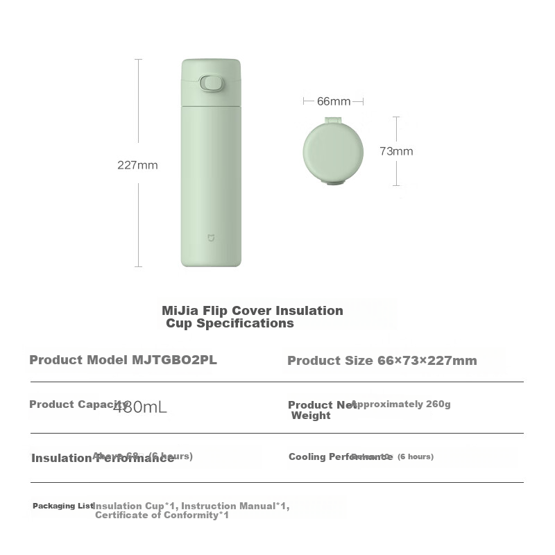 MIJIA Insulated Mug with Pop-Up Lid, Hot And Cold Cup, 480ml, Portable, Stainless Steel, Car-Friendly Water Bottle, Bamboo Green Color