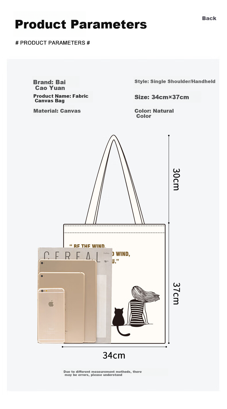 Baicaoyuan Canvas Bag, Tote Bag, Shopping Bag, Fabric Bag, Handbag, Eco-Friendly Bag, Storage Bag, Letter M 6