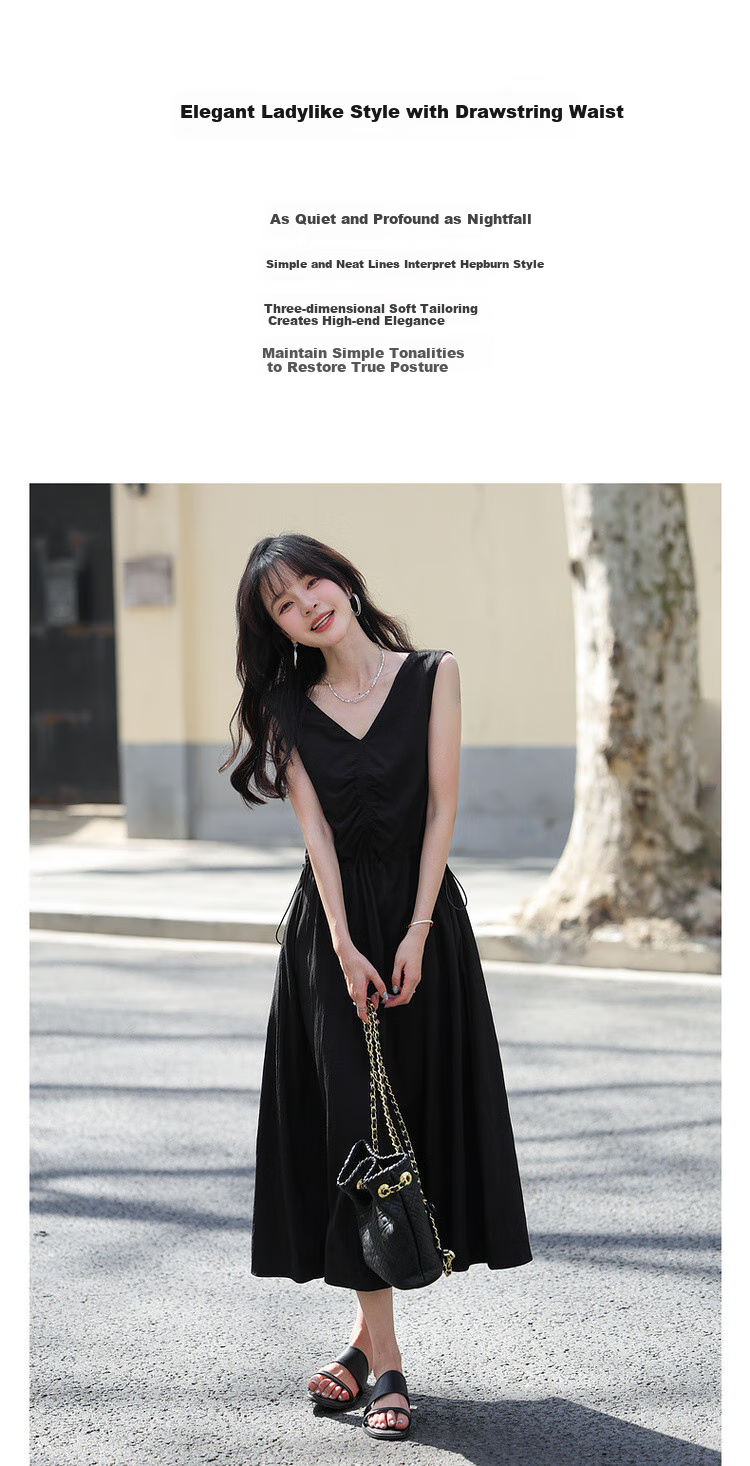 Mt [Muse Style] Summer Elegant V-Neck Tie-Waist Sleeveless Little Black Dress, Adjustable Waist Long Dress for Wome 1