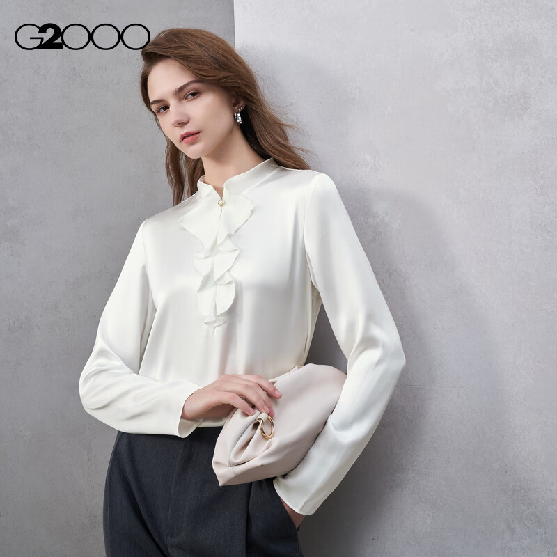 G2000 Satin Ribbon Stand Collar Women's Spring Autumn Silky Long Sleeve Casual Shirt Mall Same Style
