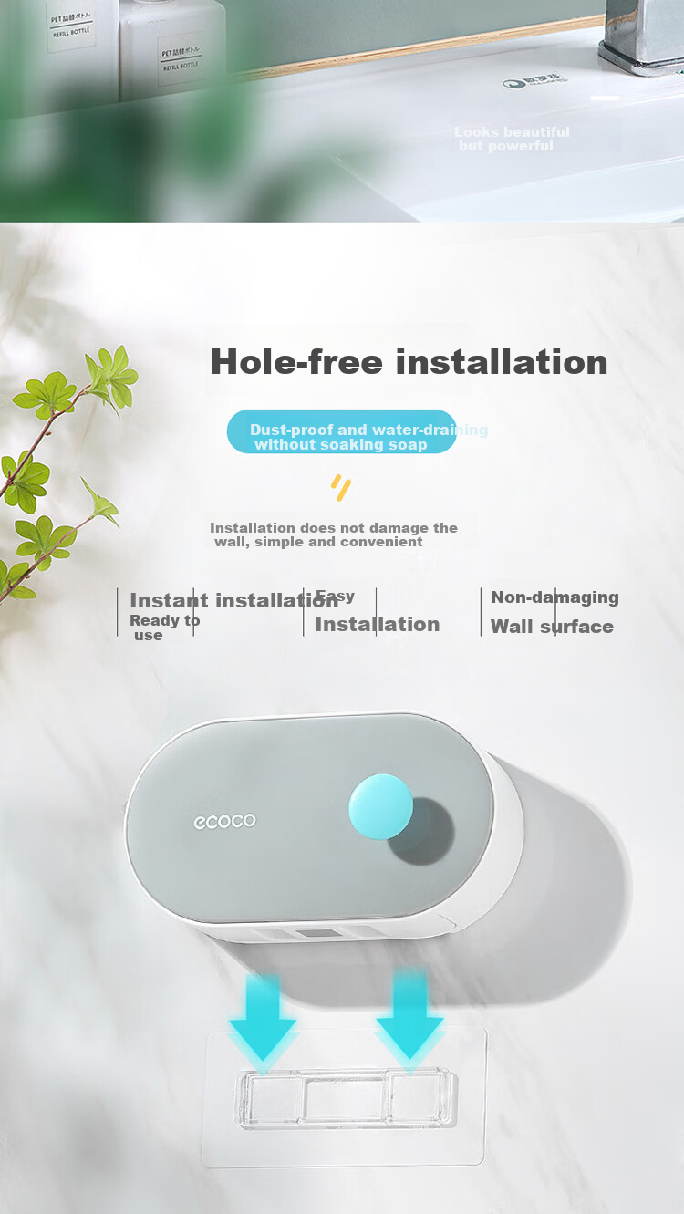 Ecoco Wall-Mounted Soap Dish with Flip Lid, No Drilling Required, ABS Material, Bathroom Storage Rack with Drainage, High-End Black Desig 9