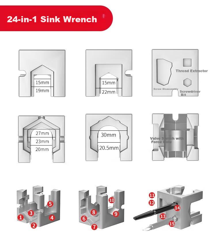 DELIXI ELECTRIC Sink Wrench, Bathroom Tool, Multi-Functional Wrench, Faucet And Pipe Installation Tool, 8-In Set with Adjustable Wrench 12