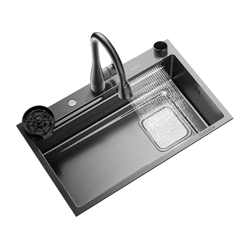 Haier Large Single Bowl Kitchen Sink Thickened 304 Stainless Steel Sink with Strainer and Drain Basket Waterfall Dishwashing Basin