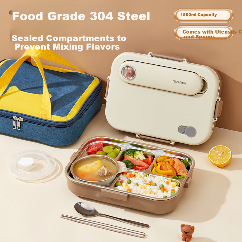 WORTHBUY 304 Stainless Steel Lunch Box for Office Workers, Meal Container with Compartments for Students' Cafeteria, Rice Serving Tray, Beige with 5 Compartments + Bag