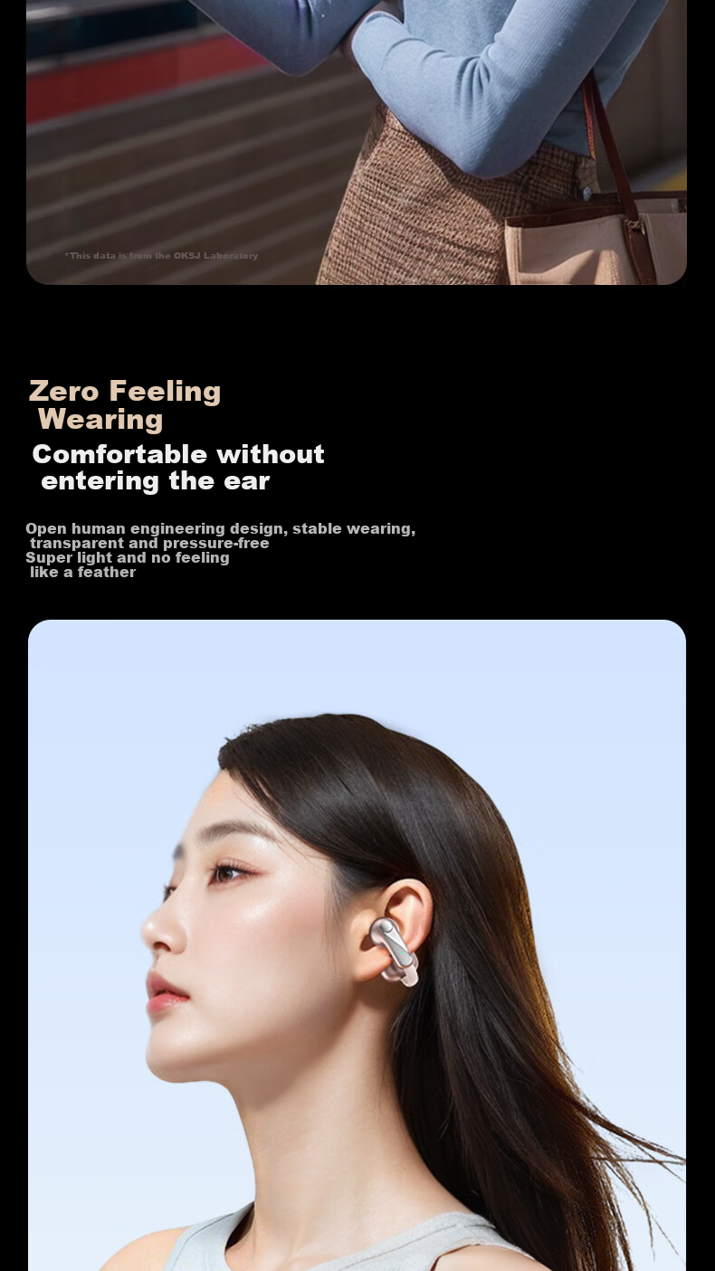 OKSJ [2025 Ai Upgraded Version] Clip-On Bluetooth Headphones, Bone Conduction Concept Wireless Open-Ear, Running Sports Headphones with Call Noise Reduction, Suitable for Huawei, Xiaomi, Apple 16