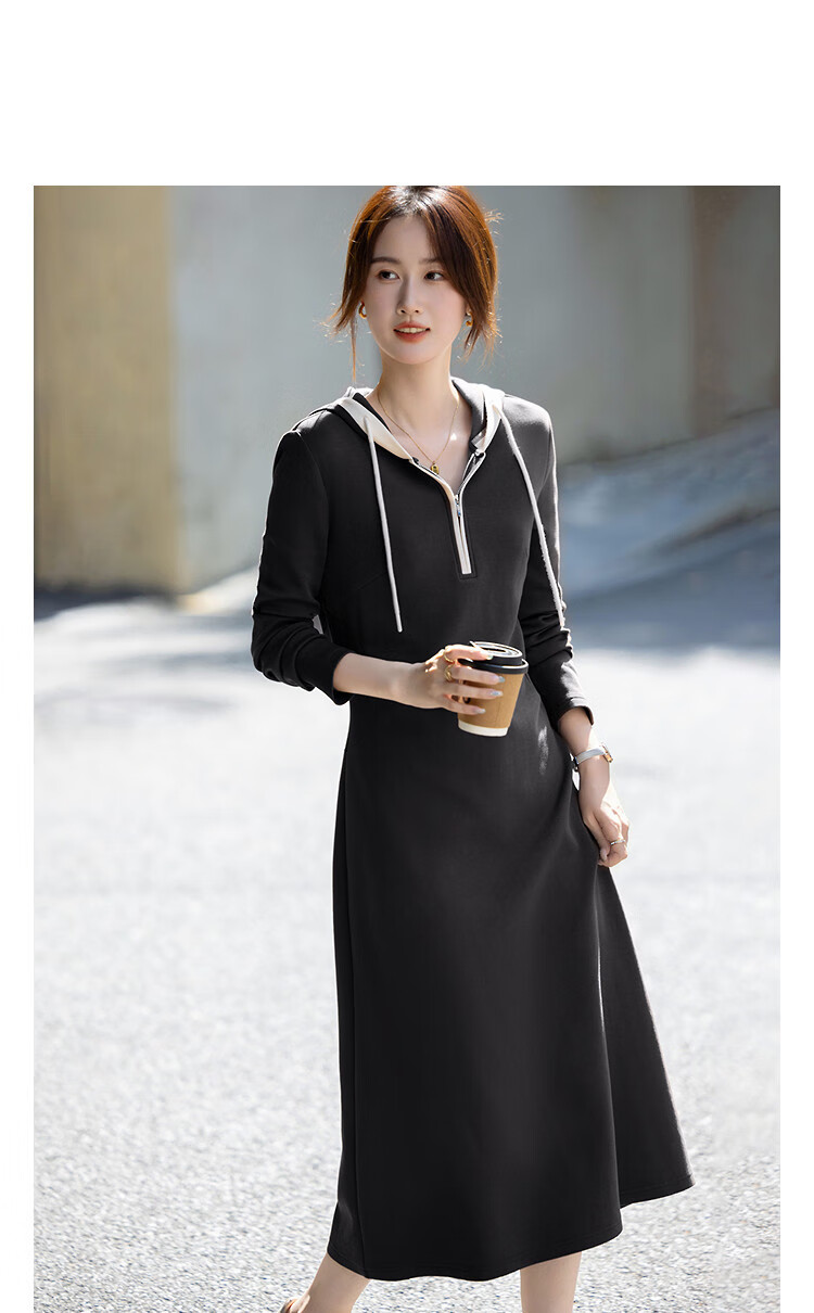 Dme [Shudan 280G Air Layer] Autumn Contrasting Color Hooded Split Pleated Waist-Cinching A-Line Women's Dress 2
